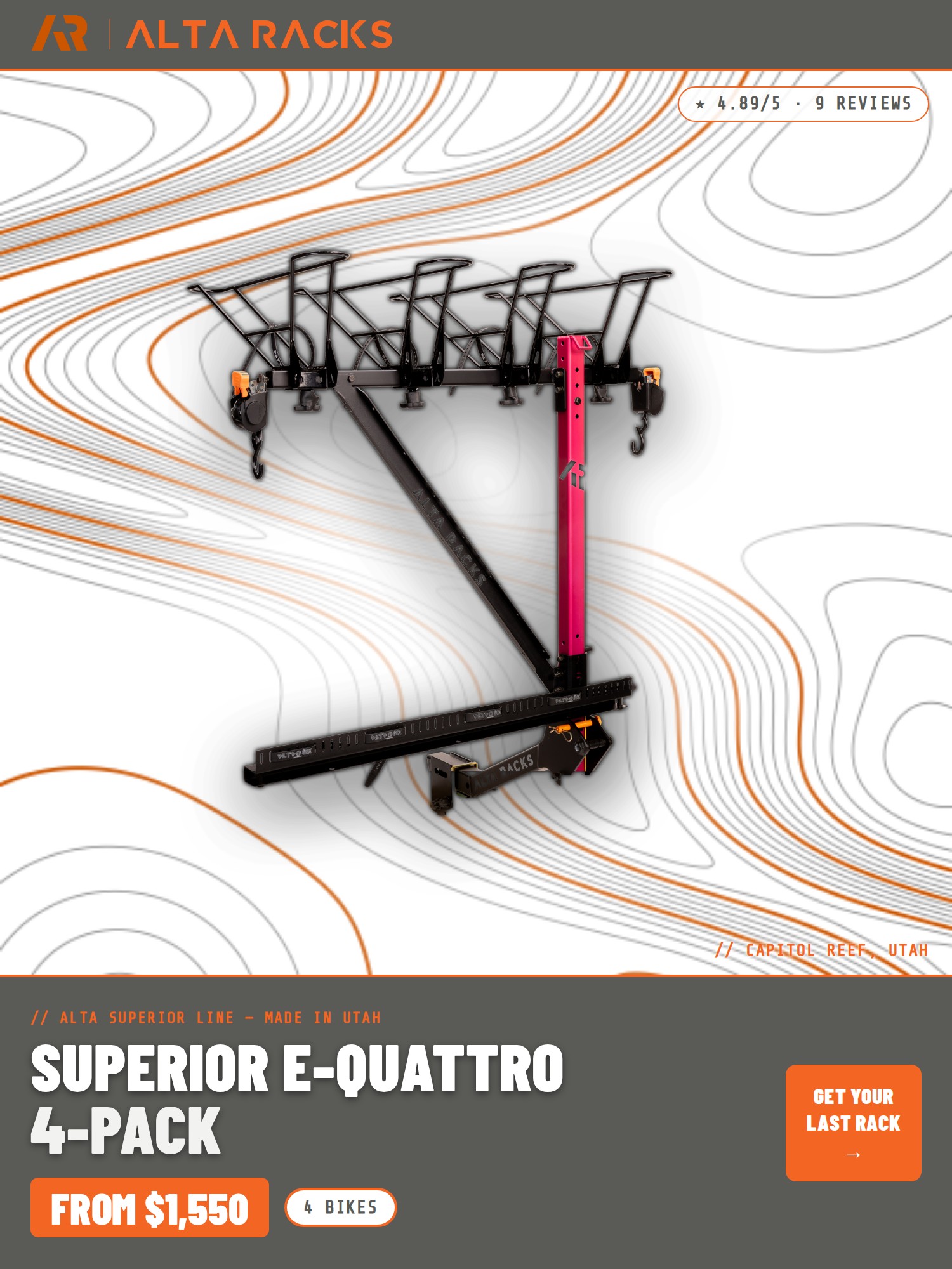 Alta Superior E-Quattro 4-Pack vertical hitch bike rack mobile banner